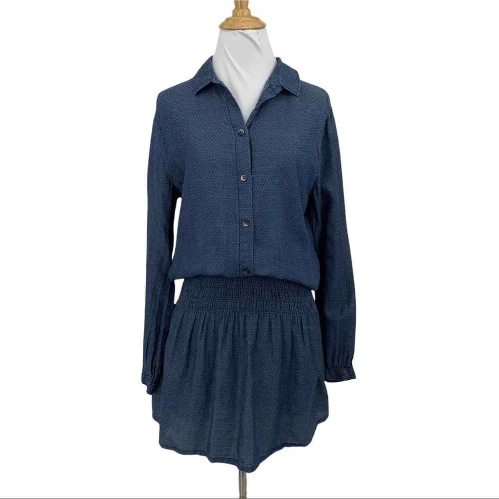 New With Tags Madewell Long Sleeve Indigo Shirred Drop Waist Shirt Dress Medium